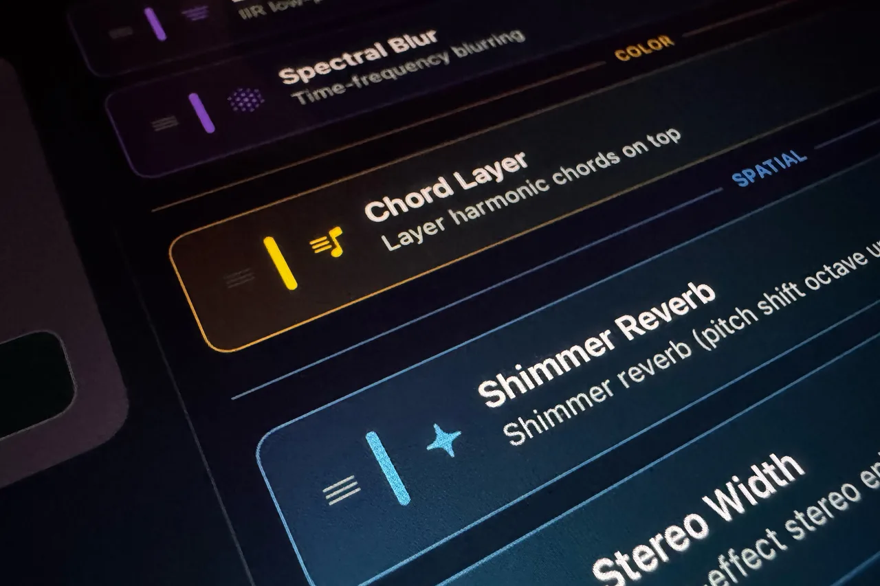 A custom chain on the iPad: the stretch is one module, Chord Layer, Shimmer Reverb and Stereo Width follow it.