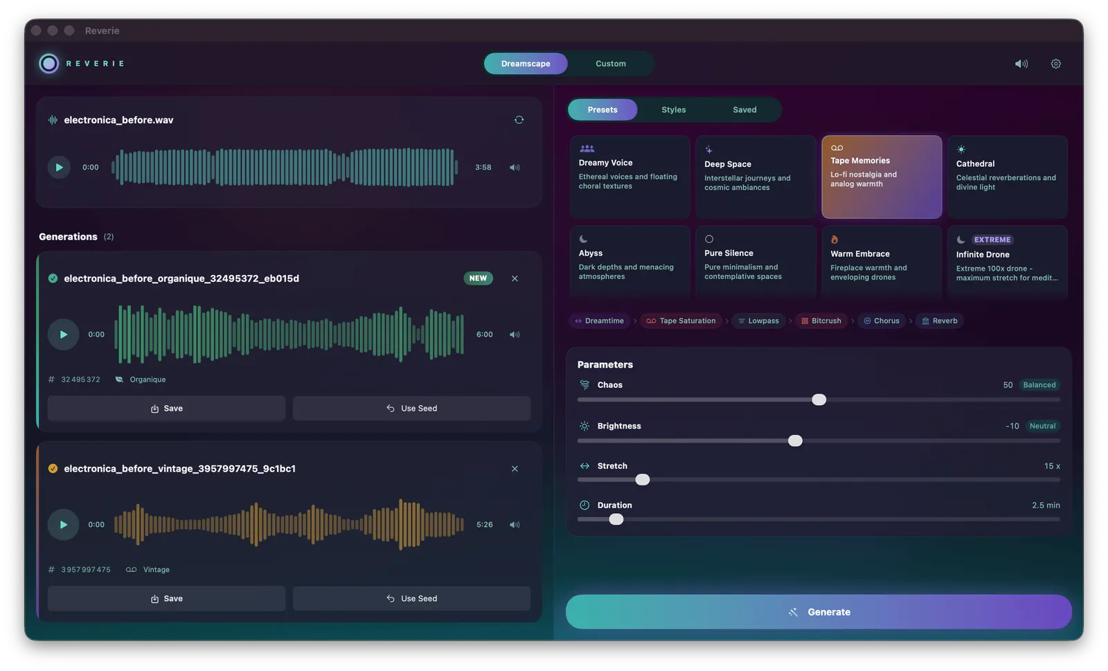 Reverie in Dreamscape mode: a style picked, an audio file loaded, a soundscape rendering
