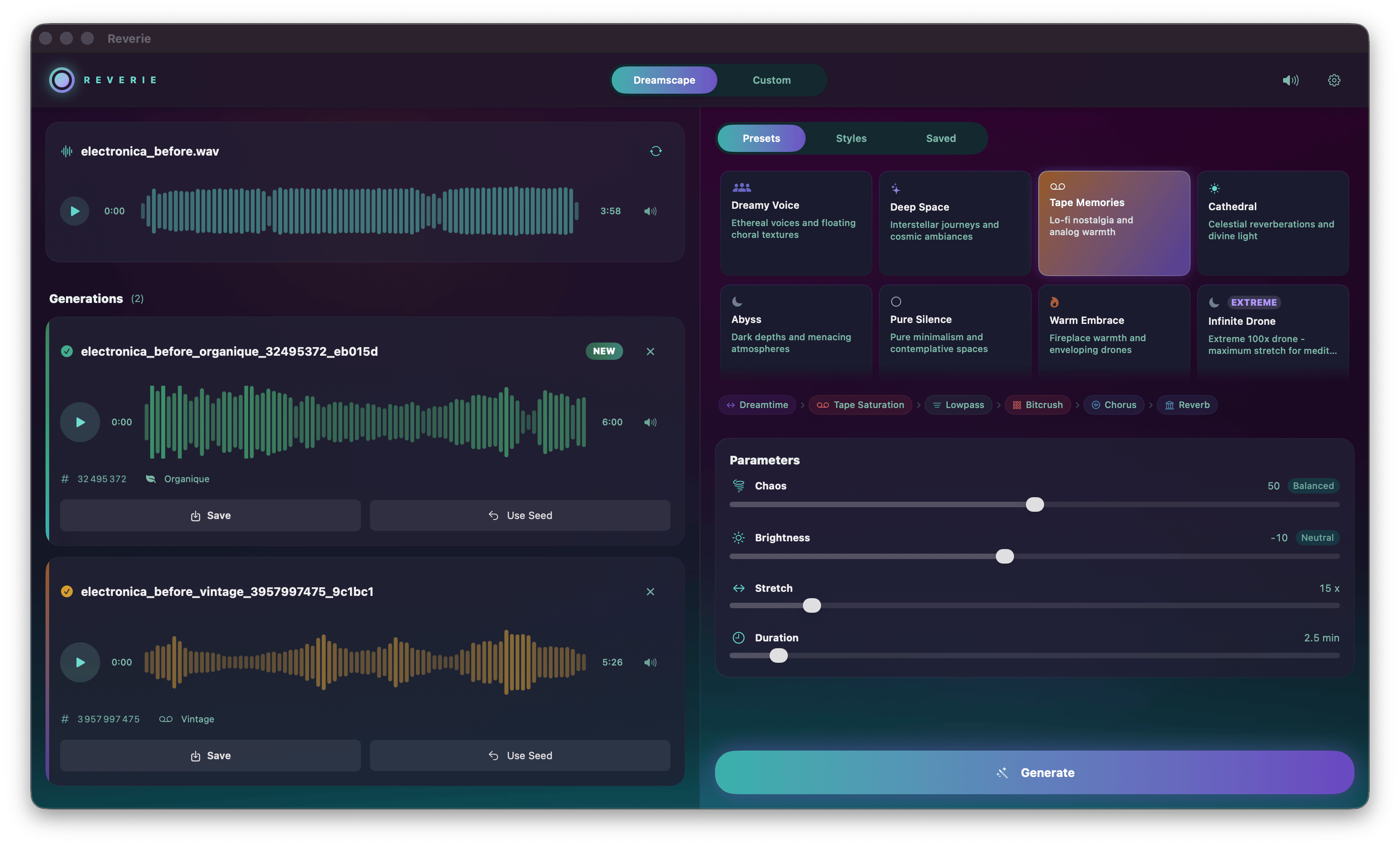Dreamscape mode: source, generations, preset library