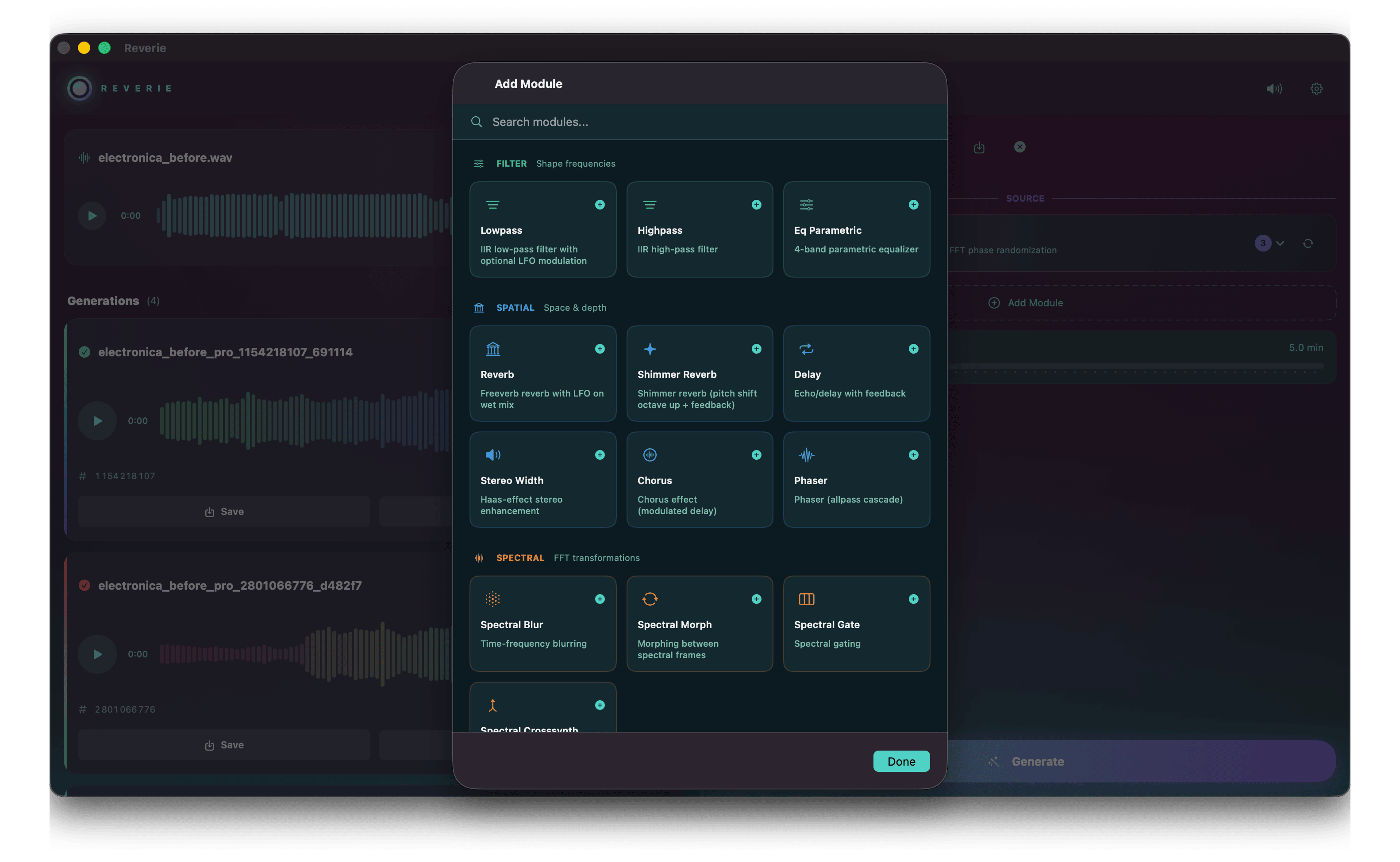 Module library: 37 native DSP modules browsable by category