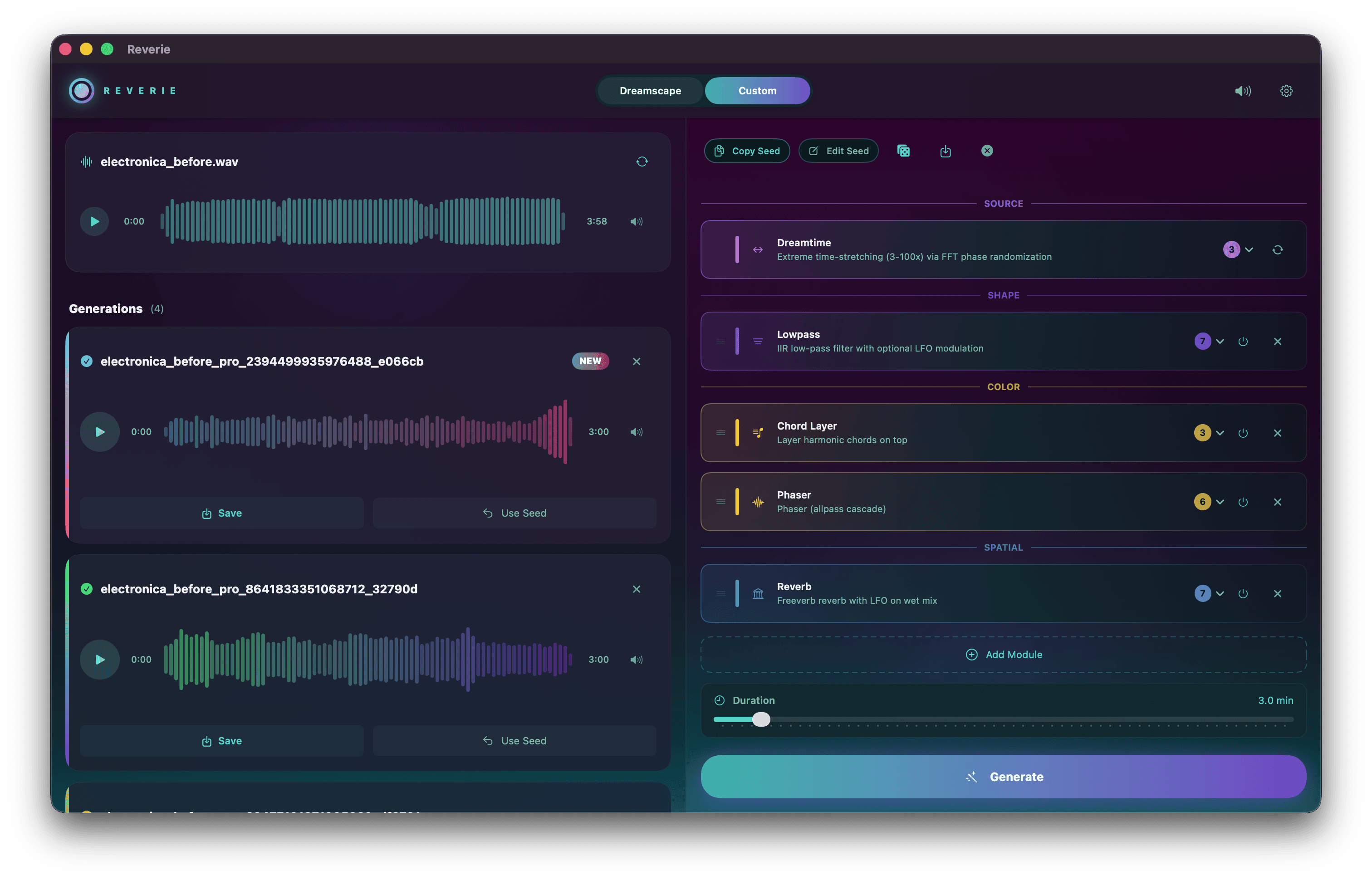 Custom Chain Builder: user-composed pipeline, seed visible